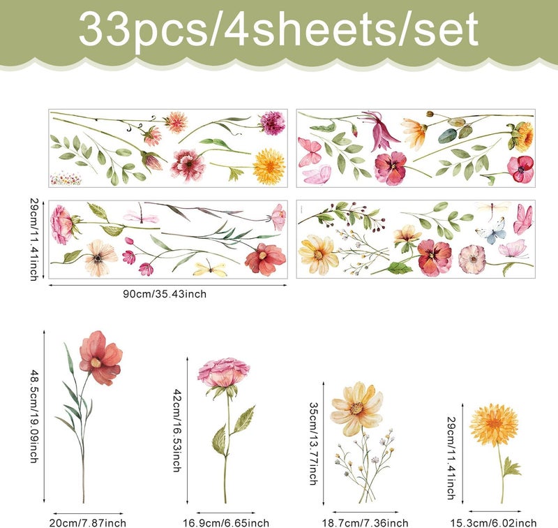 Kasubeso Watercolor Garden Flower Wall Decals, Peel and Stick Creative Colorful Butterfly Floral Wall Stickers, Multicolor Wildflower Wall Decor for Girls Room Nursery Bedroom Window - Image 2